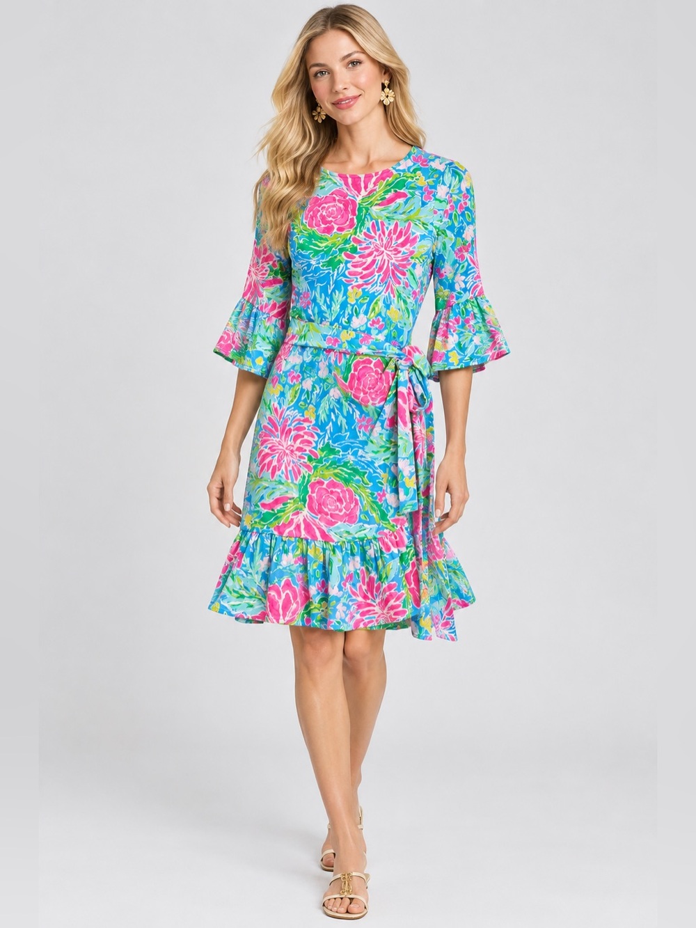 Lilly Pulitzer XS Kassi Faux Wrap Floral Dress Bell Sleeve Ruffle